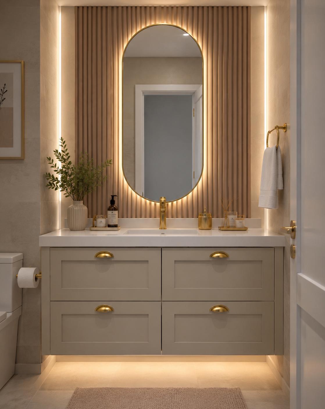 Lavabo planejado com marcenaria ripada, bancada em quartzo e ferragens douradas